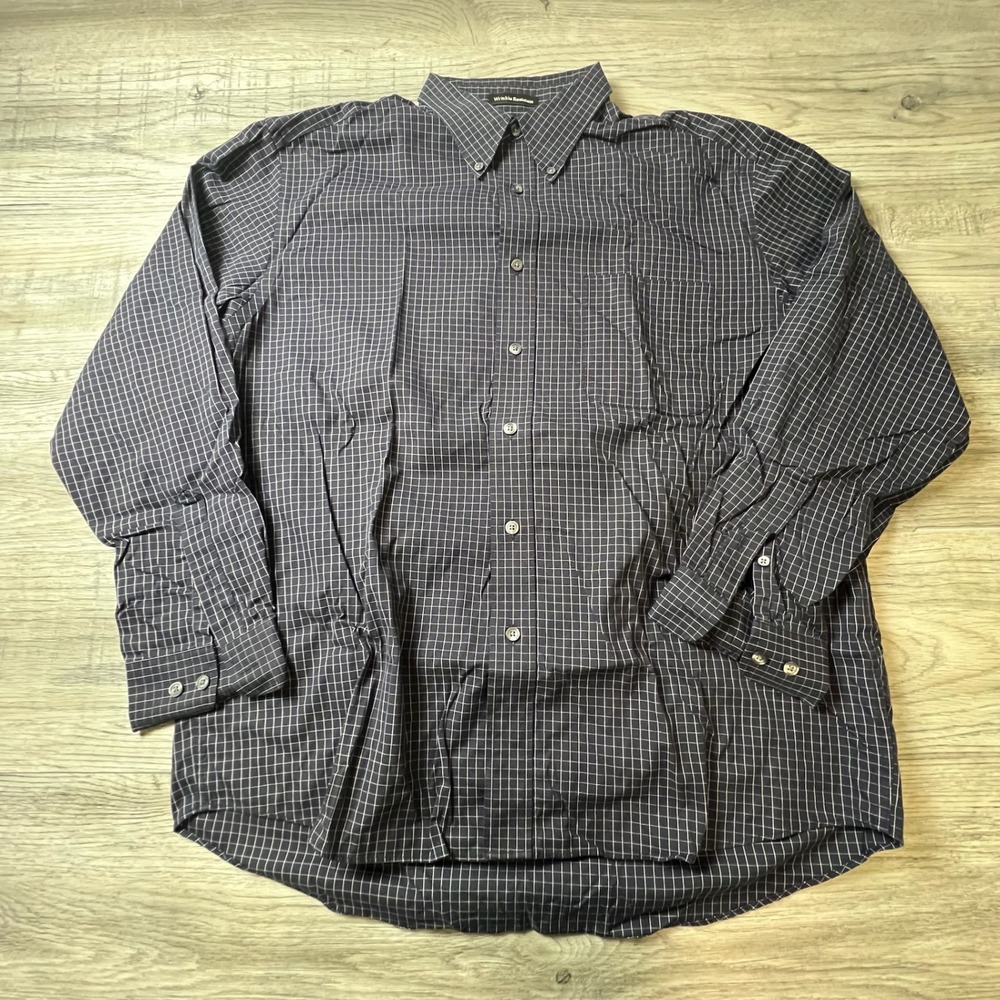 Eddie Bauer Button Down Mens Large Navy Blue‎ Grid Check Wrinkle Resistant Shirt